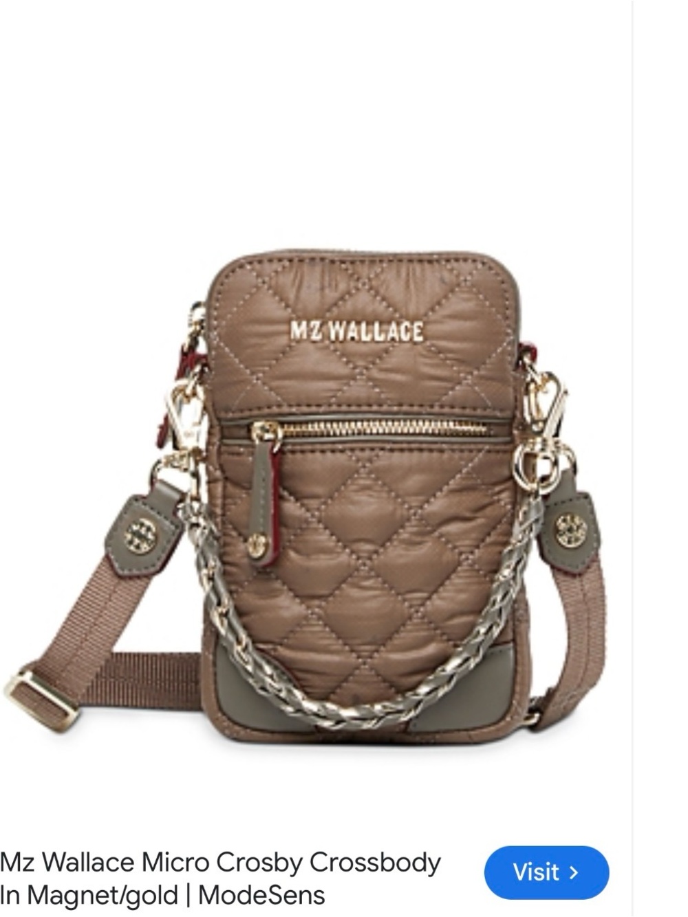 MZ Wallace Quilted Crossbody Phone Pouch in Taupe Brown with Red Accents